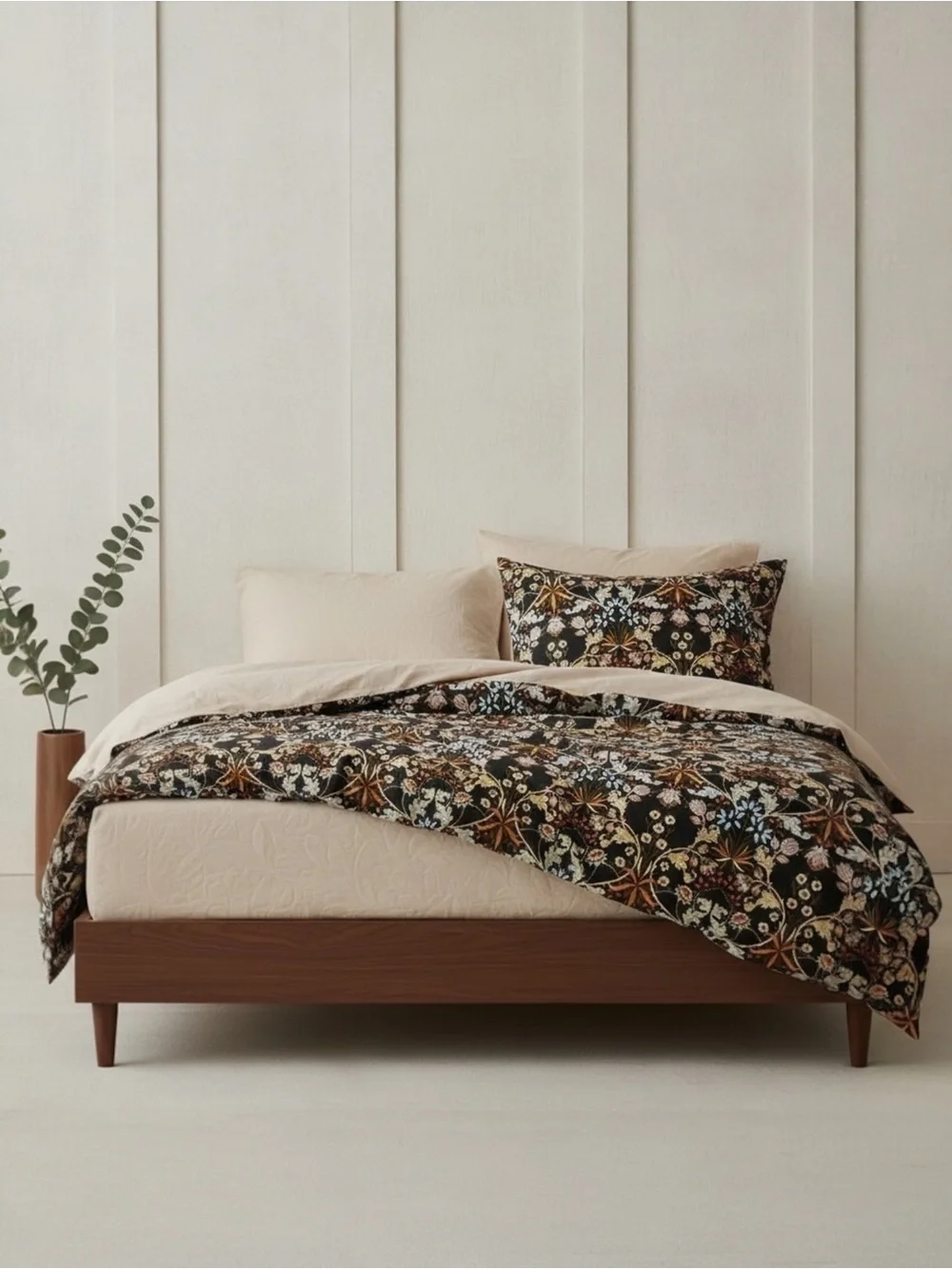 NEW Anthropologie Black Orange Floral Cotton Queen / King Bedding Duvet Sham Set